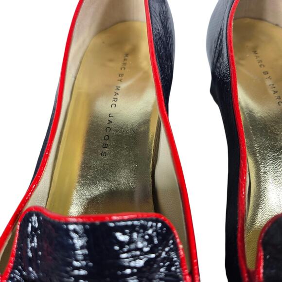 Marc by Marc Jacobs Pumps Womens 38 Navy Red Patent Leather Chain Heeled Loafers - Picture 9 of 14